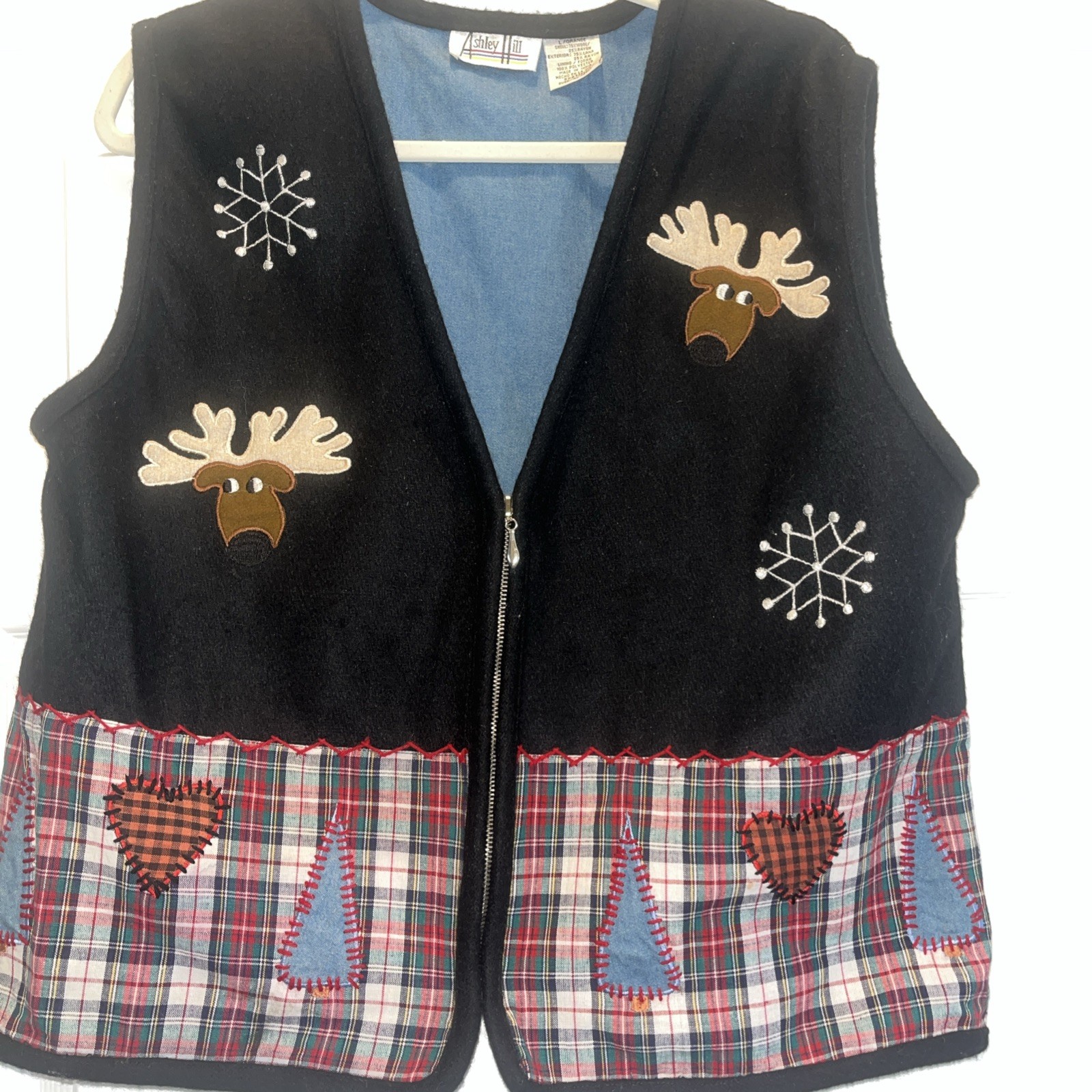 Vtg Ashley Hill Christmas Vest Ugly Sweater Wool Zipper Front Black Plaid Moose