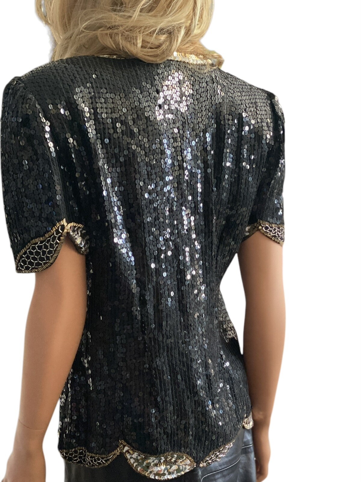 80s Sequin Beaded 100% Silk Black Gold Top Evening Sz S VTG Glamorous Party