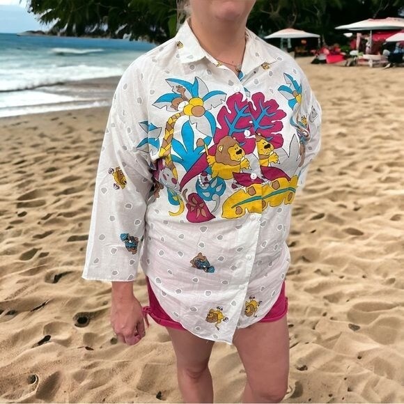VTG 90’s AMAZING RARE California Connections Cartoon Animal Safari Button Down S