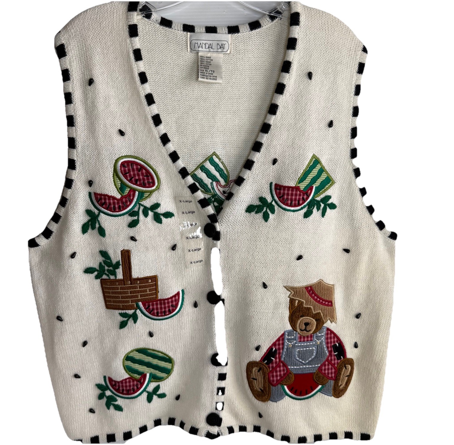 VTG 90’s Mandal Bay Knit Sweater Vest Size XL Teddy Bear Watermelon Cottagecore