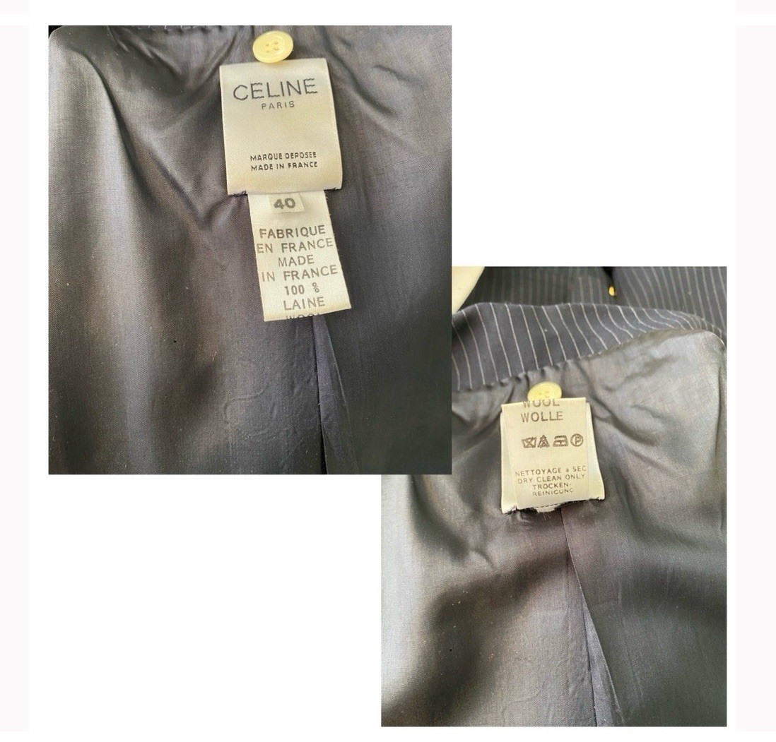 Vintage Celine Wool Pinstripe Double Breasted Coat Dress Removable Collar