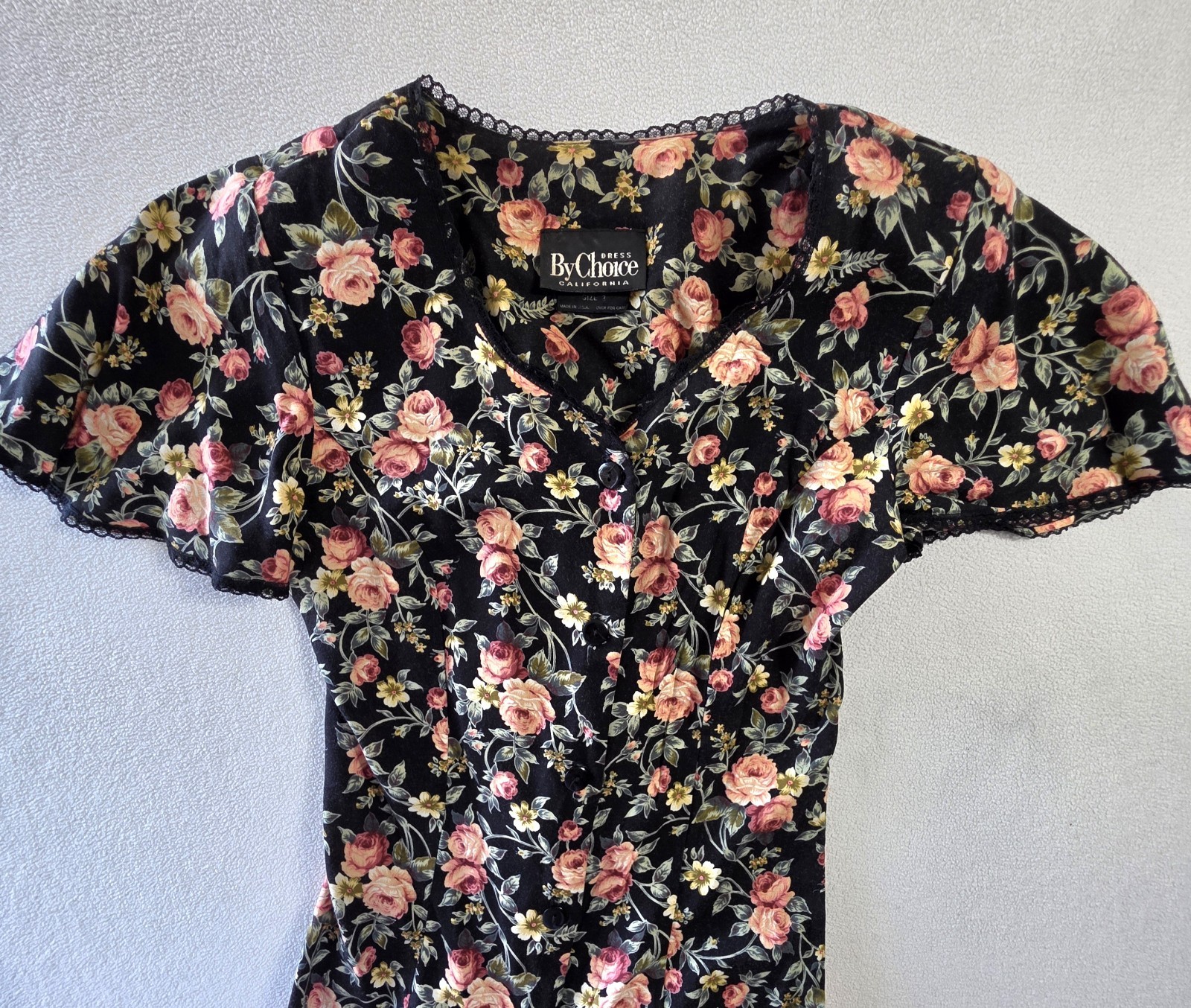 Size XS- Vintage 90s By Choice California Floral Rayon Dress Black Rose Mini