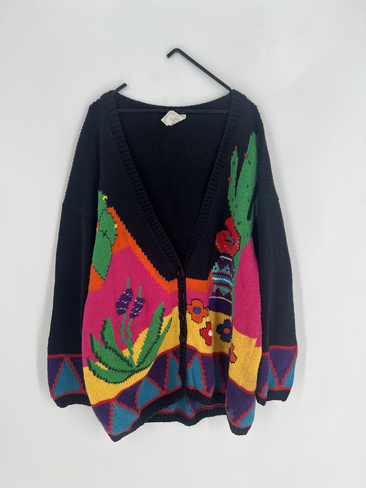 Vtg Andina Retro Abstract Embroidered Floral Cactus Chunky Knit Sweater Cardigan
