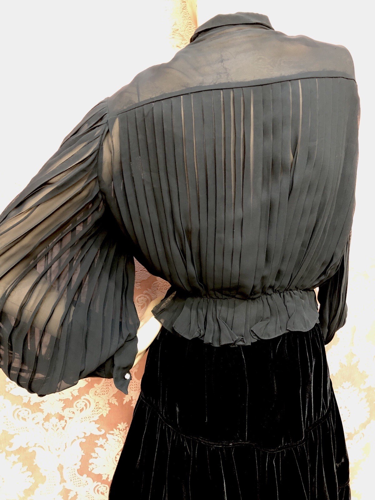 VTG 1940s „NEW LOOK” Chiffon BALLOON SLEEVE Cocktail Blouse & RAYON VELVET SKIRT