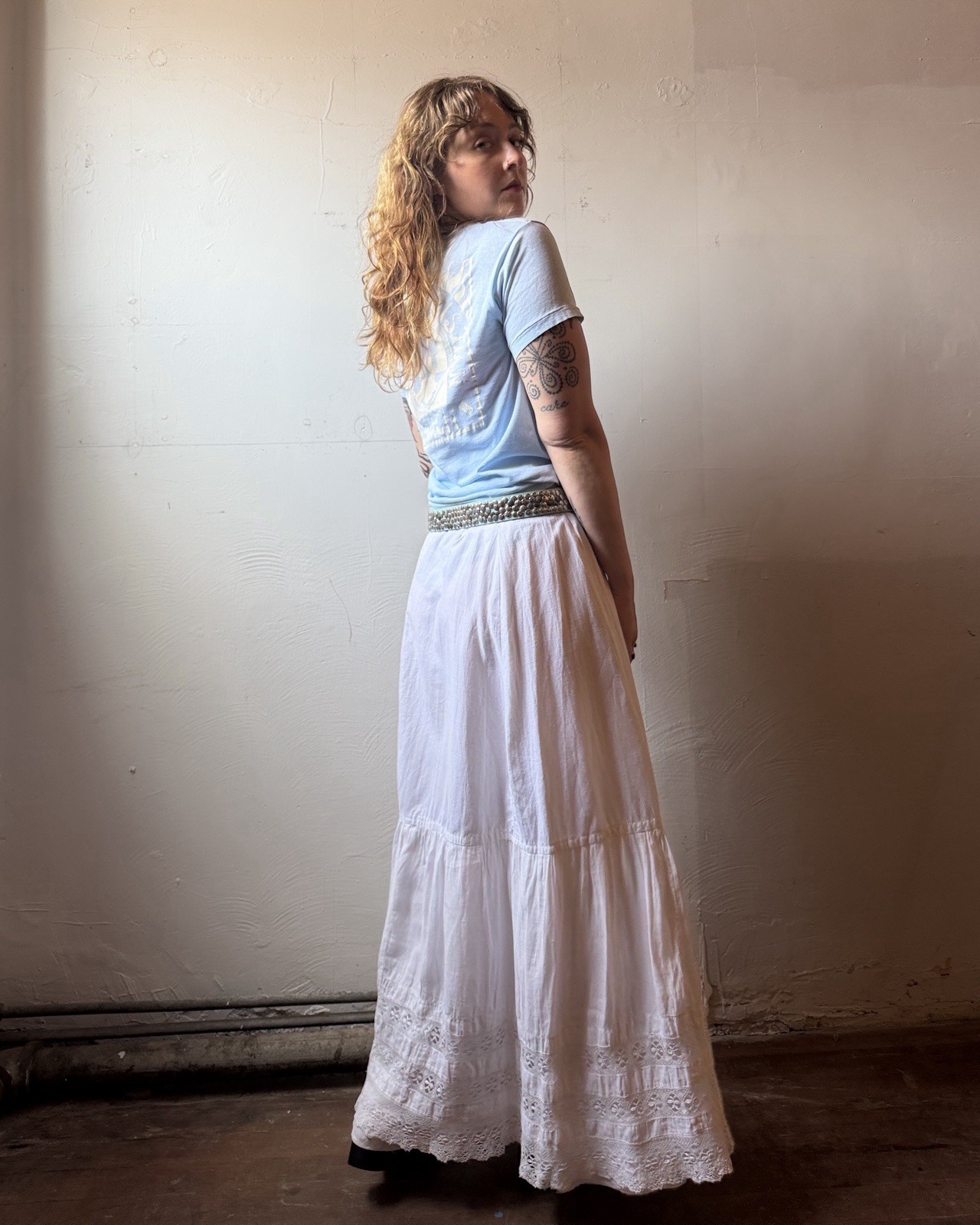 Antique Edwardian Cotton Lace Insert Tiered Skirt – M/L – 33” Waist