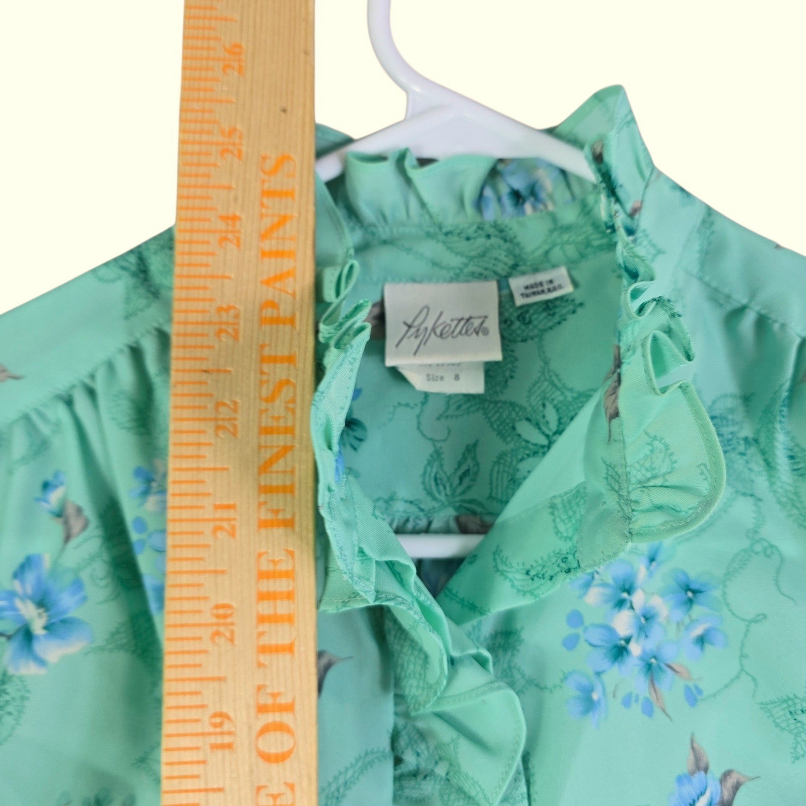 Vintage Floral Ruffle Blouse Womens 8 Mint Green Victorian Style Pastel Grandma