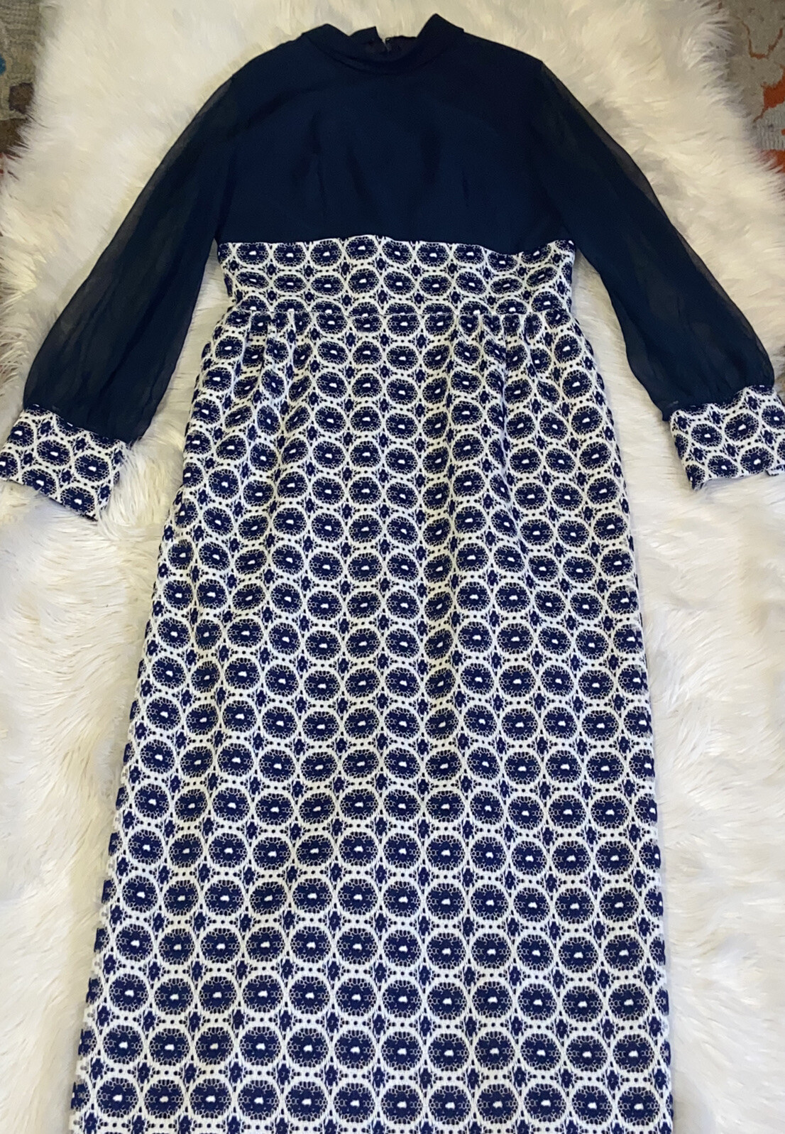 Vintage Union Made ILGWU AFL-CIO 1955-1995 Blue/white Sheer Puff Sleeves Size 18