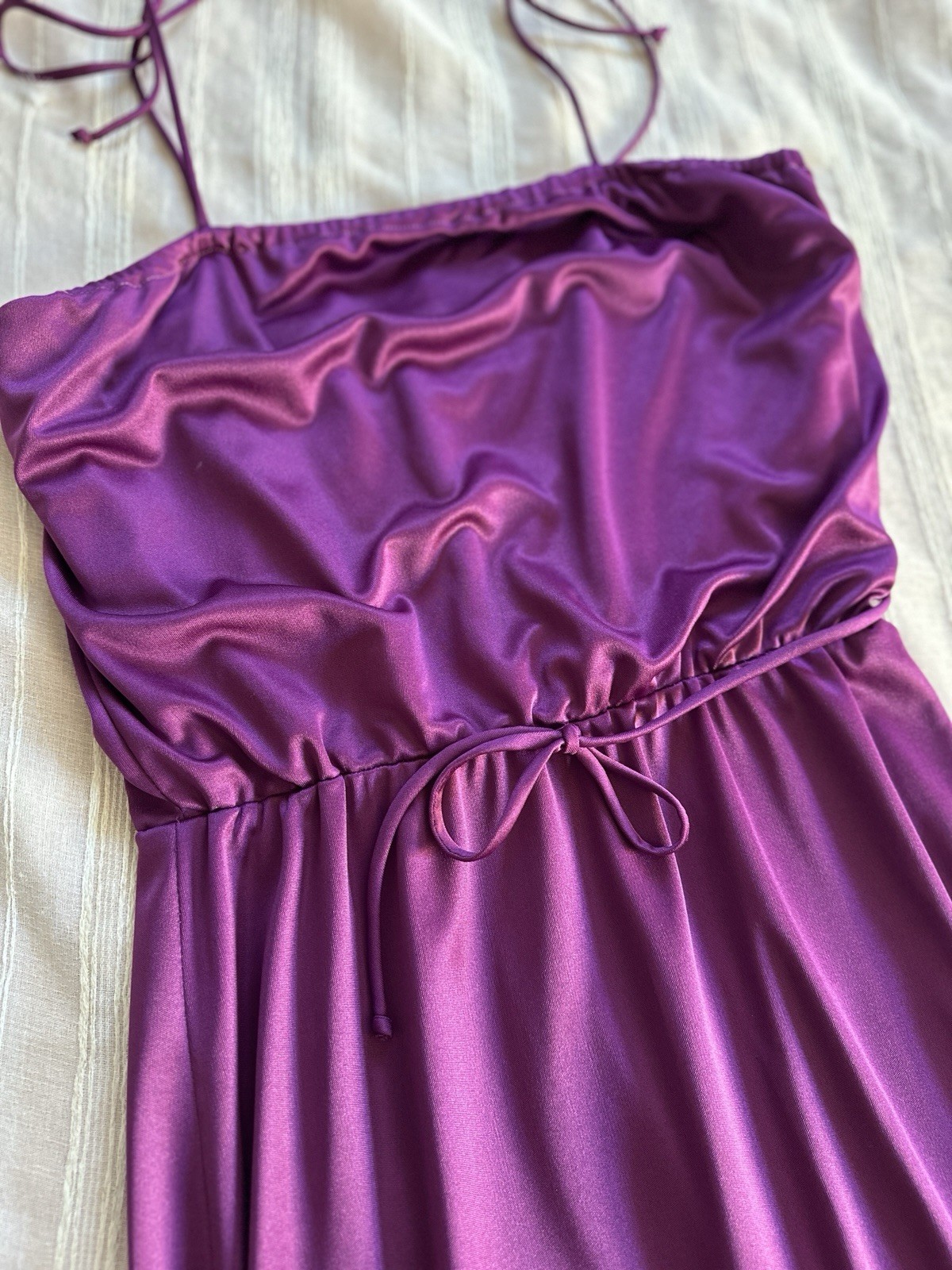 Vintage 70s Joseph Magnin Purple Ruched Disco Maxi Dress Slinky Sz 9/10 Small
