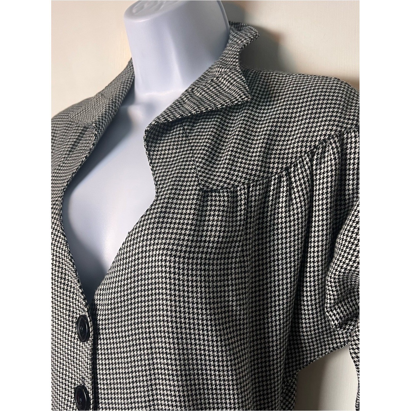 Vintage 70s Womens Houndstooth Shirtwaist Dress Dolman Sleeve Black White Sz S/M