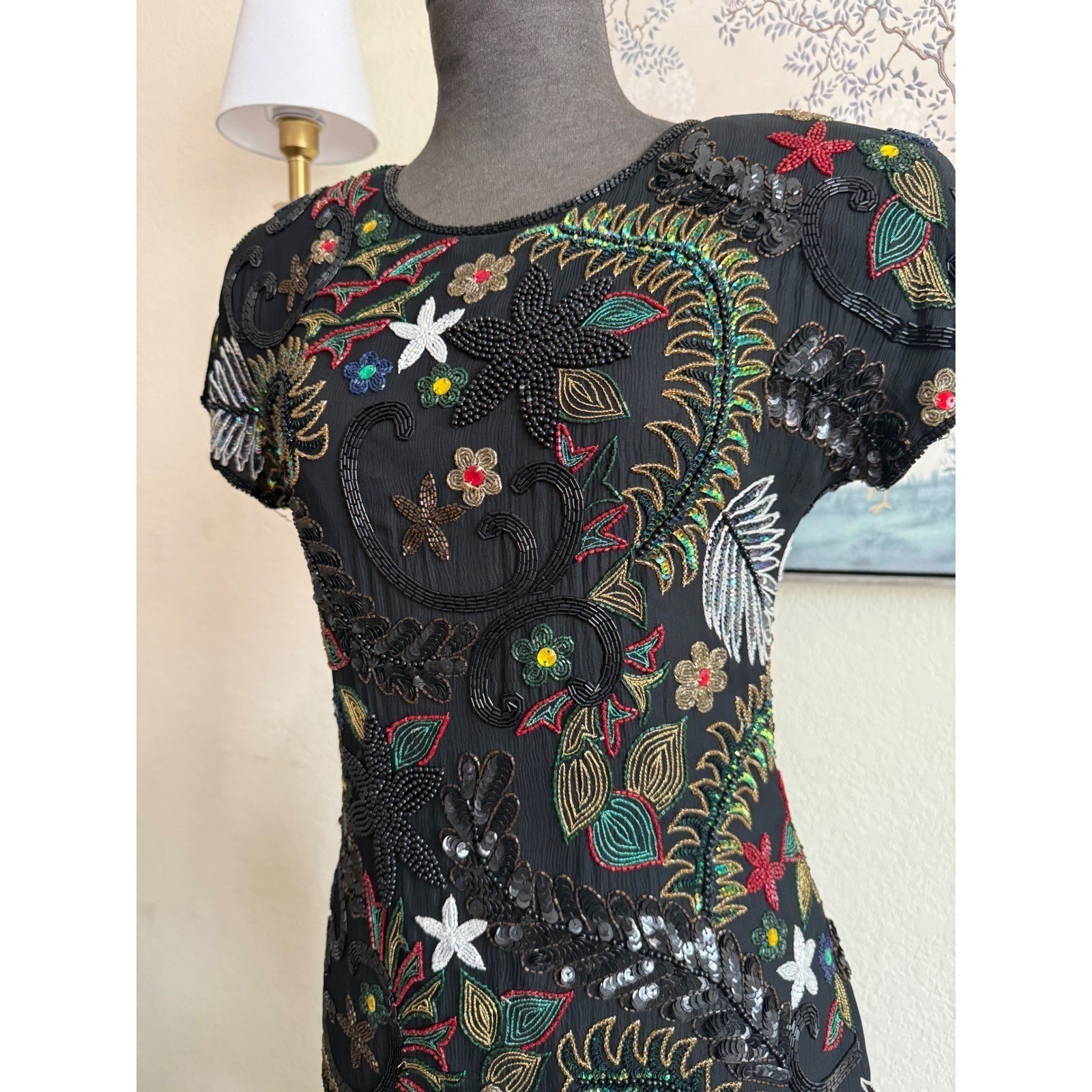 Pure Allure whimsical fairy Vintage Beaded Silk Mini Dress Black Floral Sequin