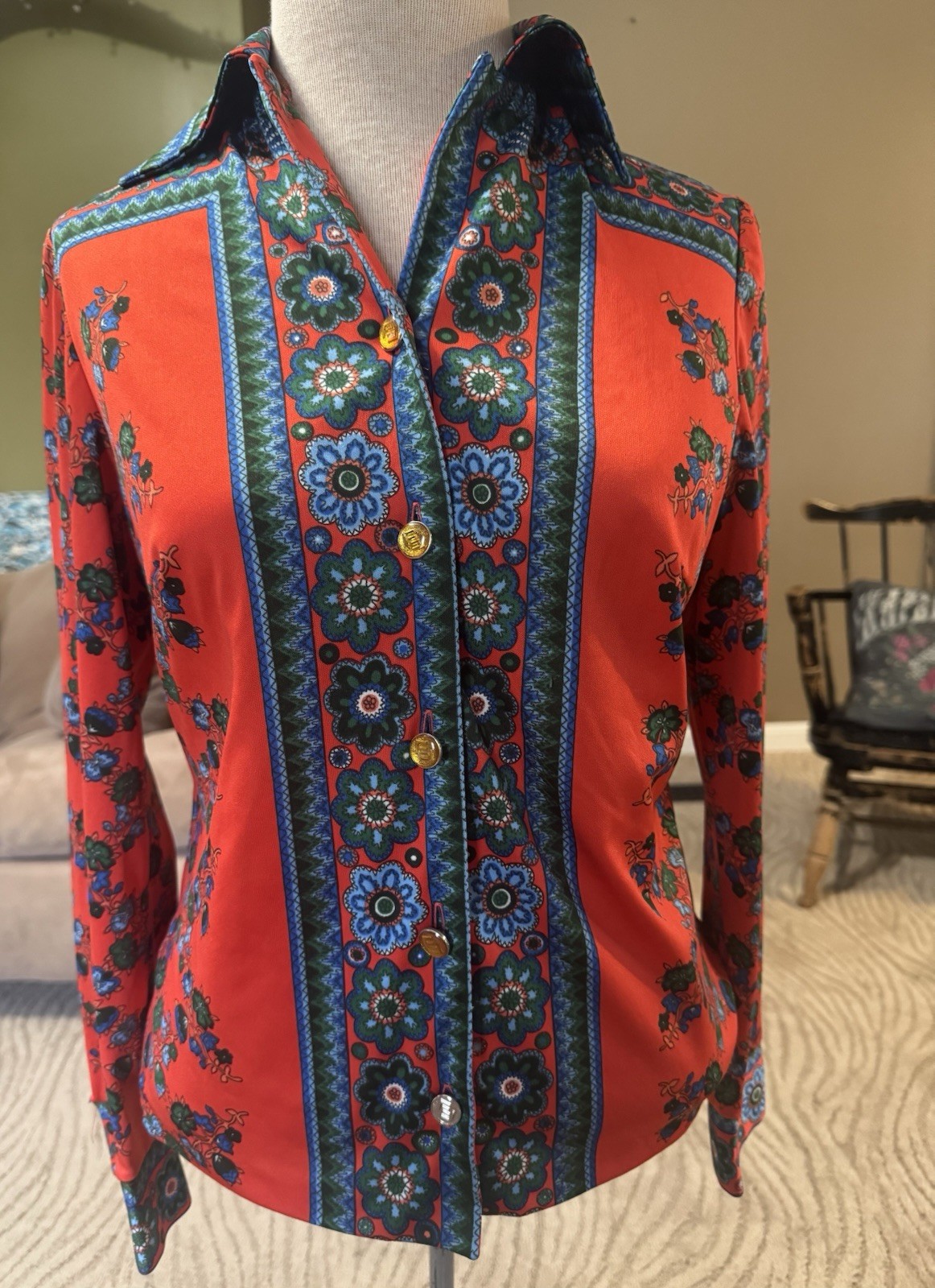 Trevira Polyester Vintage Button Retro 1970s Hippie Size 44-Small
