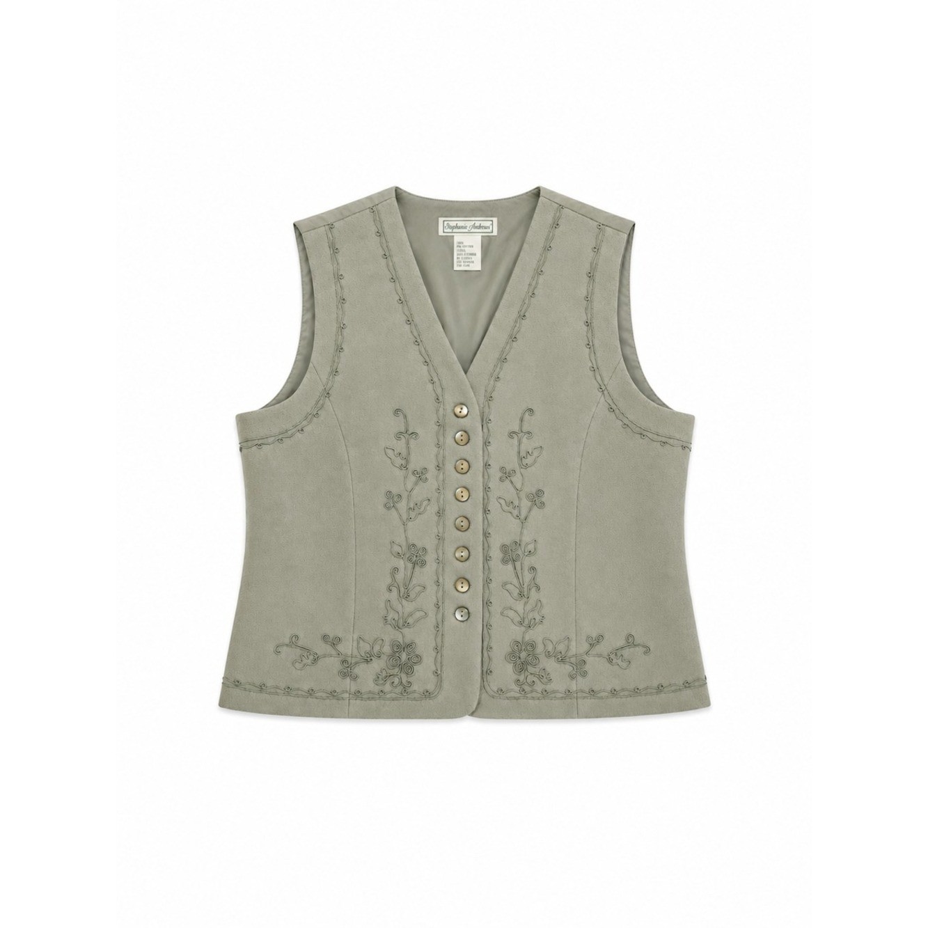 Vintage Embroidered Sage Green Button-Front Vest 100% wool, Size Large