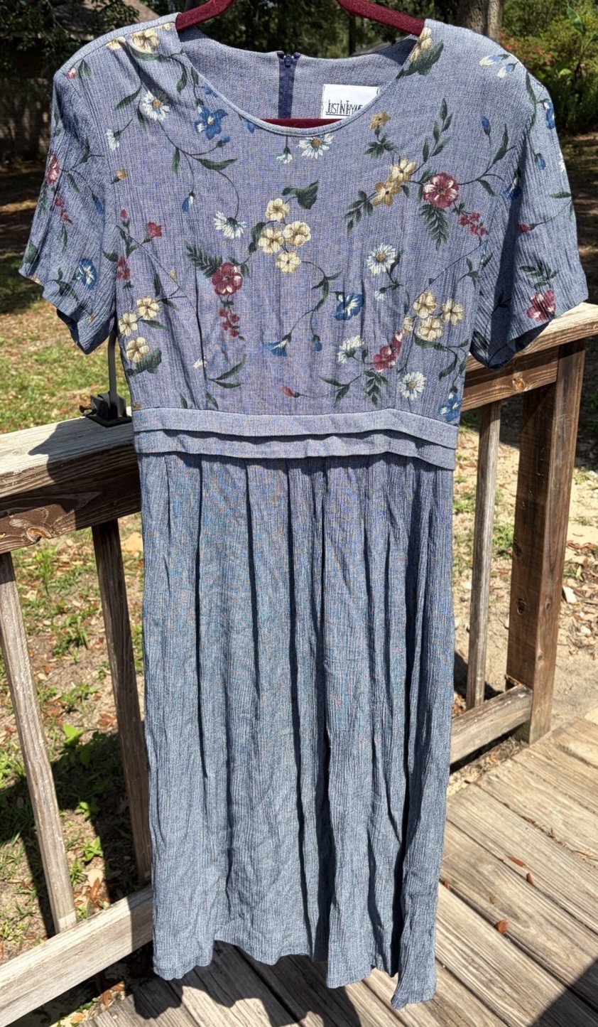 Vintage 1990s Just in Thyme Ltd Rayon Blue Floral Print Dress Sz16 Shoulder Pads