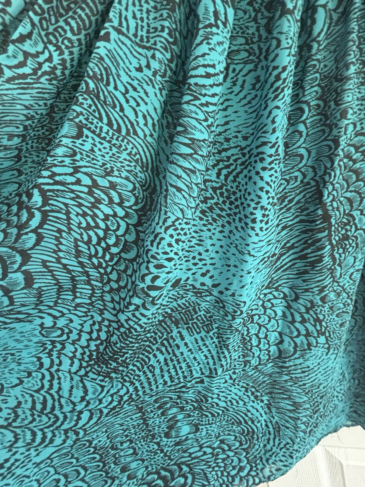 Vtg POSITIVE ATTITUDE 80’s Dress Teal W/ Black Feather Print Shoulder Pads Sheer