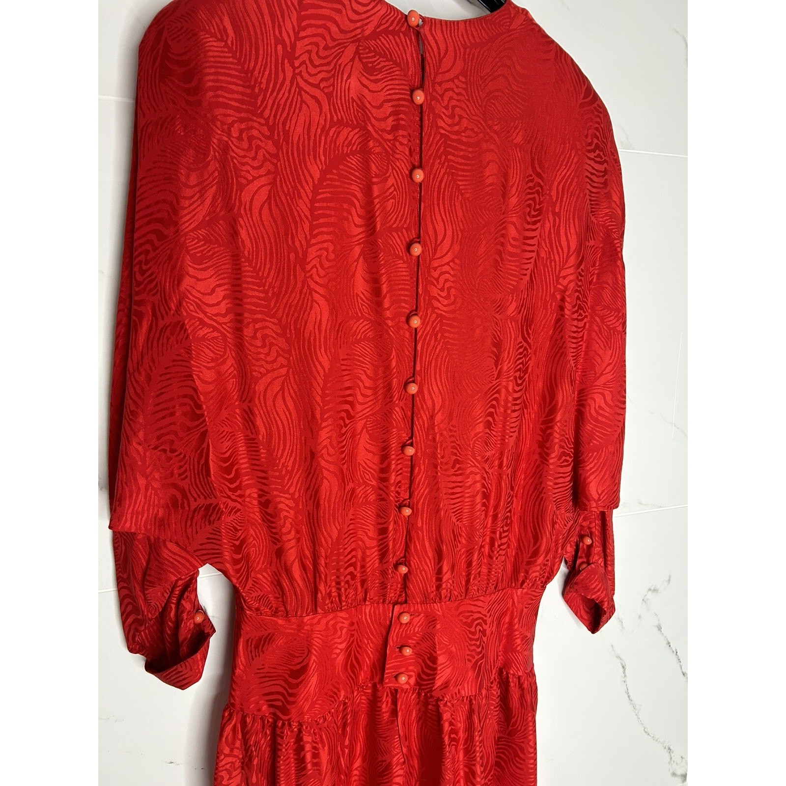 Vtg 80S SILK Jerri Sherman Midi Dress 12/L Red Jacquard Drop Waist Holidays