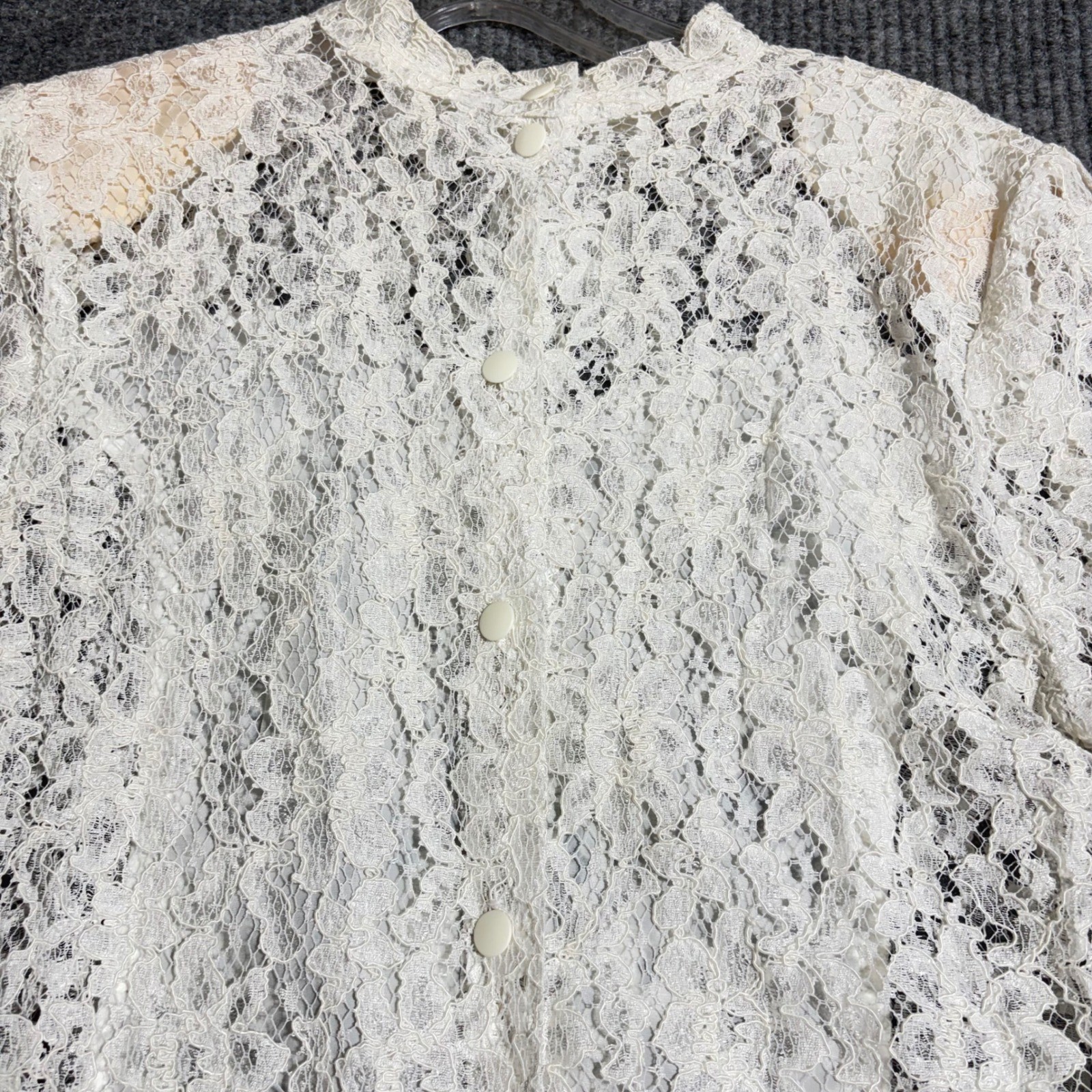 VTG Off White Floral Lace High Neck Button Blouse Sheer Beaded Back Top France