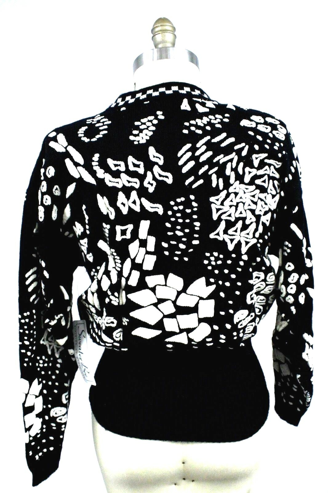 Vtg 80s Sweater Bee Banff Black White Flocked Pullover Wide Waistband L NWT