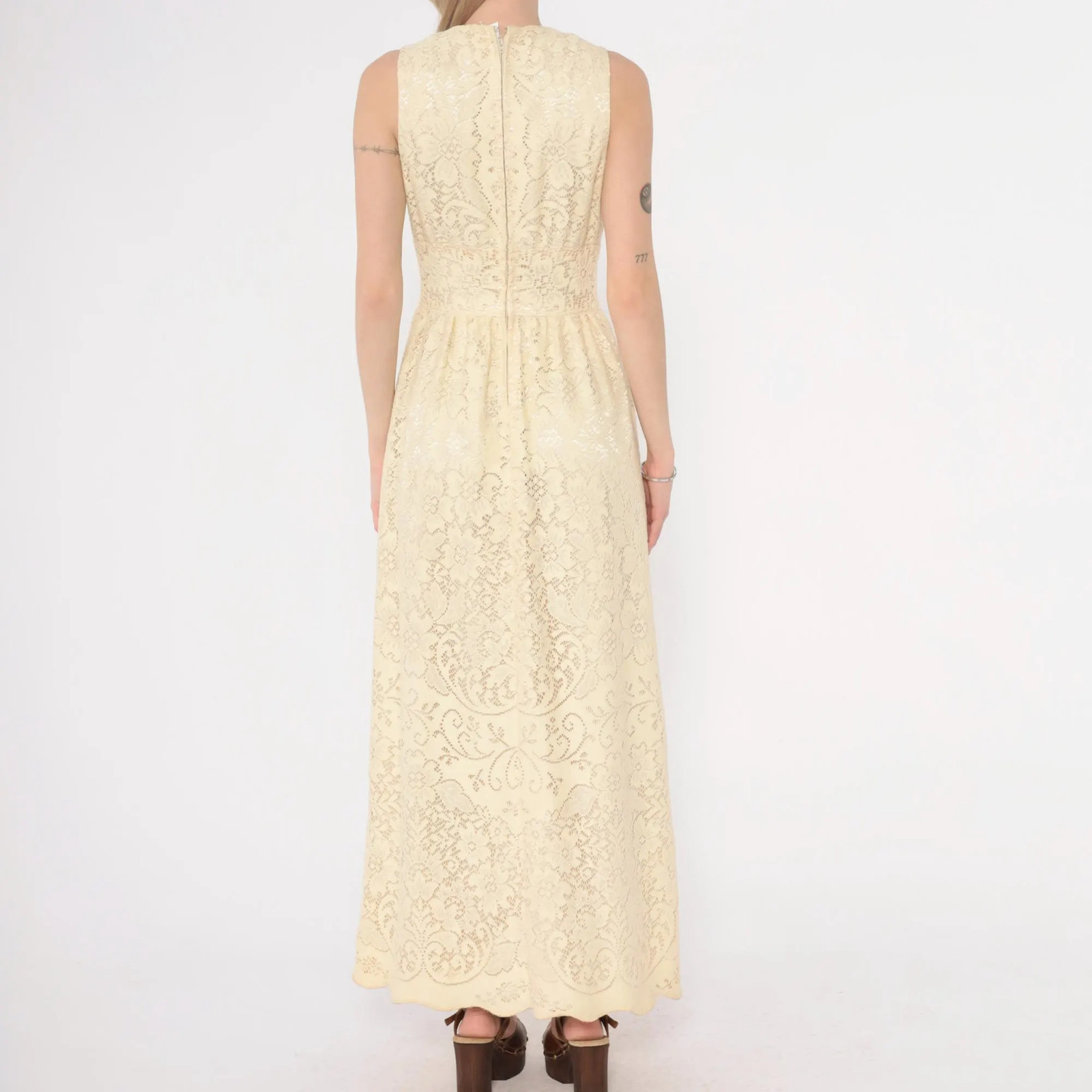 70s Bohemian Wedding Dress Lace Maxi Dress Cream Ivory V Neck Sleeveless Empire