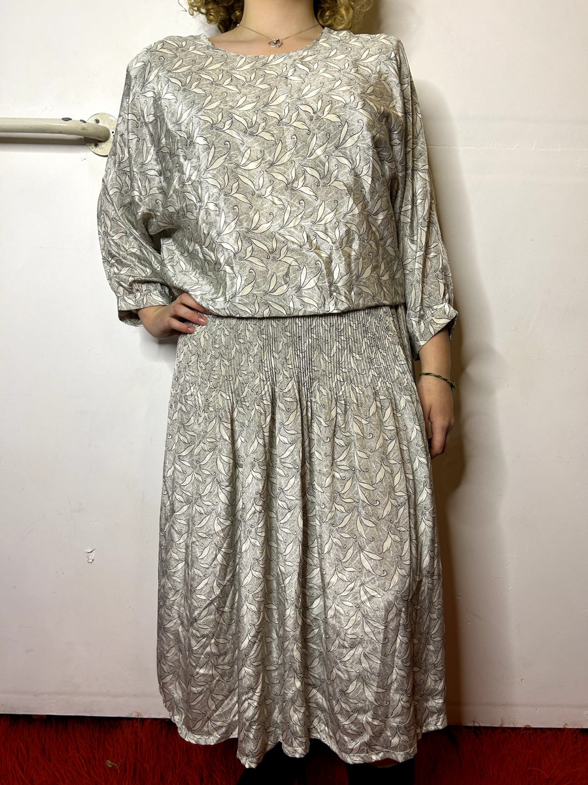 Vintage Regency 1980s Silver Grey Dropped Waist Shirt Dress Art Nouveau AU 16