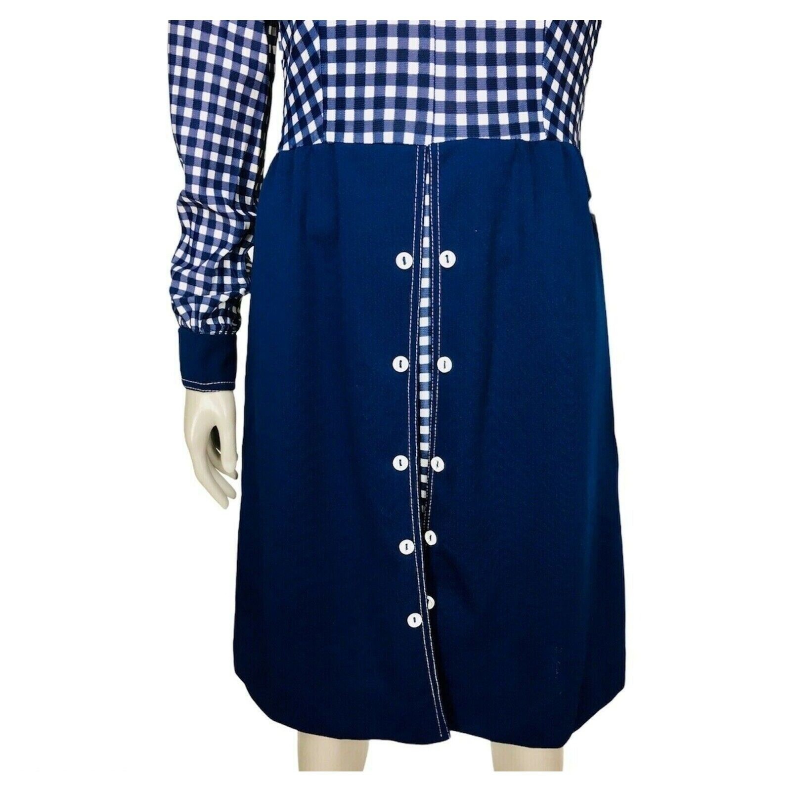 Vintage 60s MOD Academia Blue White Gingham Peekaboo A-Line Dagger Collar Dress