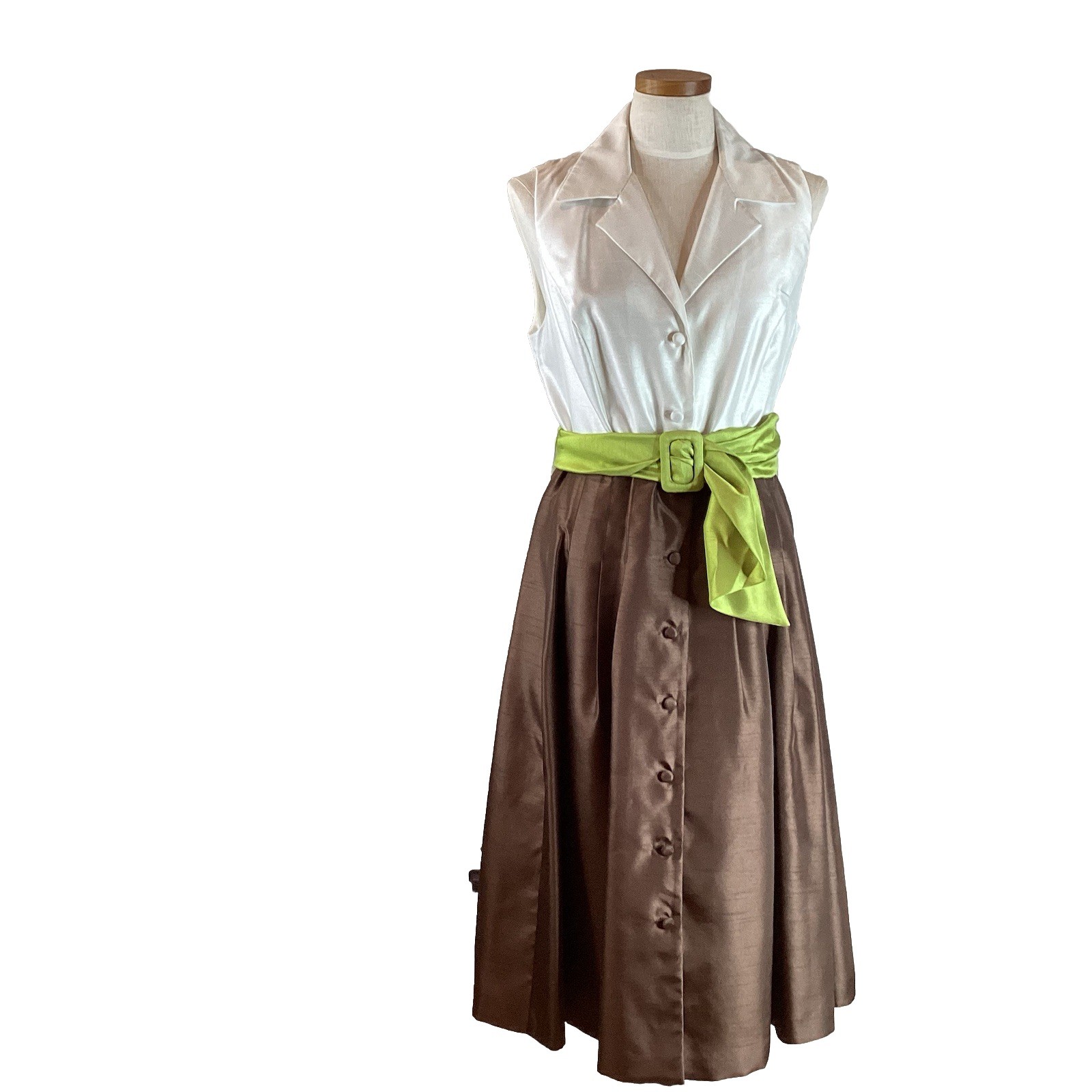 Vtg Jessica Howard White & Brown Dress Wide Green Belt Button Front Size 12