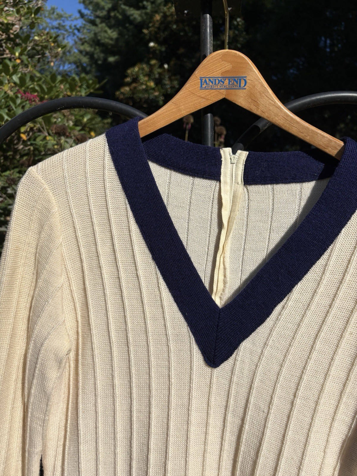 Vintage 1950s Cream And Navy V Neck Sweater Knit Dress Preppy School
