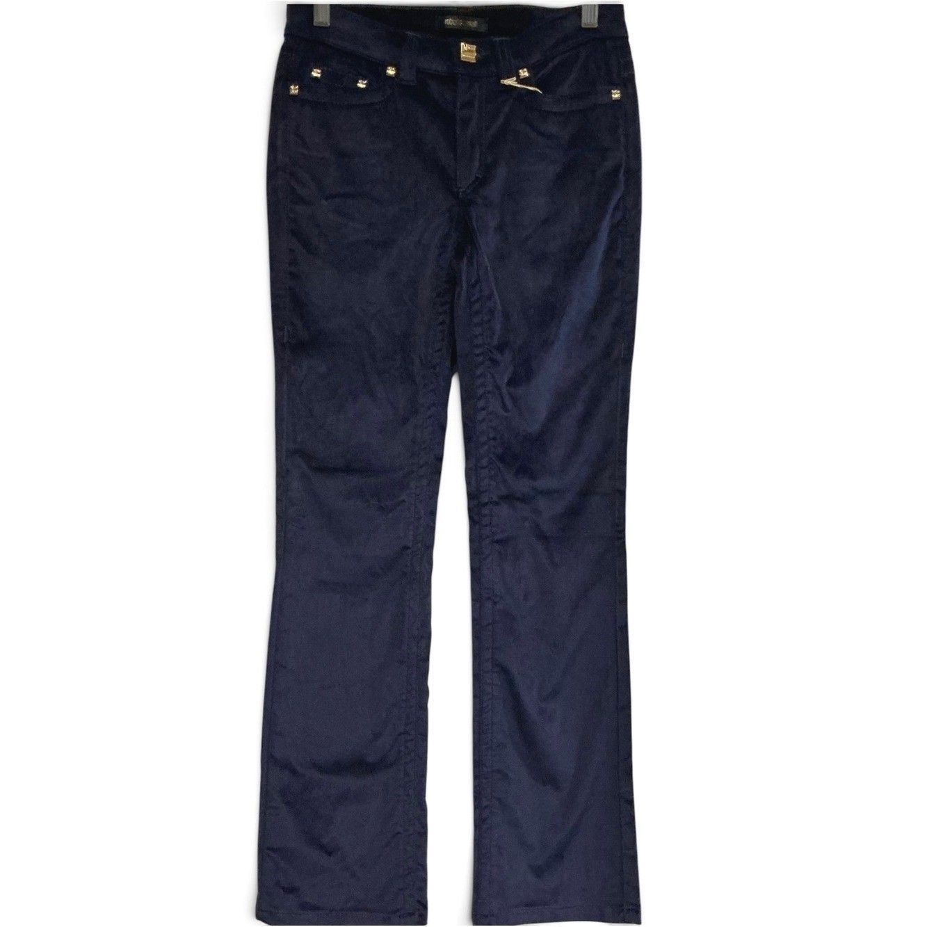 NWT Roberto Cavalli Blue Violet Stretch Velvet Pants Gold Hardware Y2K IT 40 4