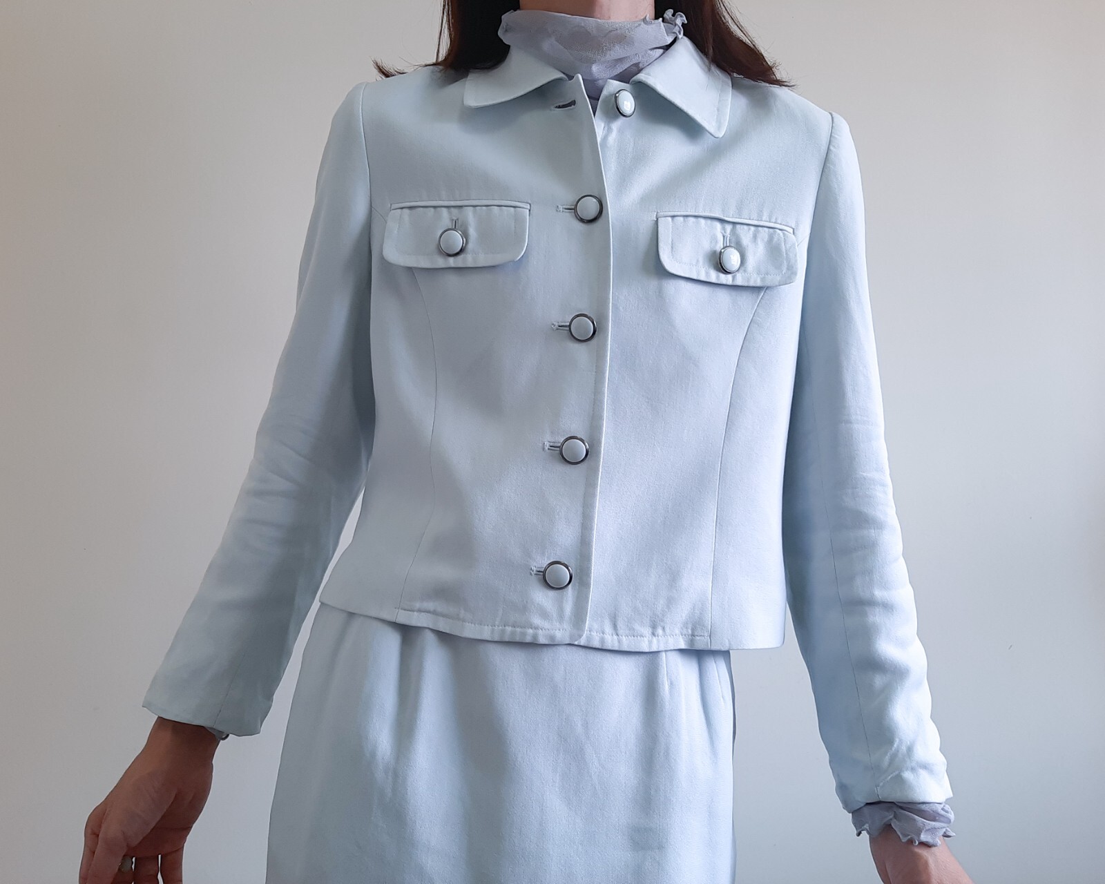 COURREGES 2 piece set Blue pastel jacket and skirt Womens Size S jacket skirt