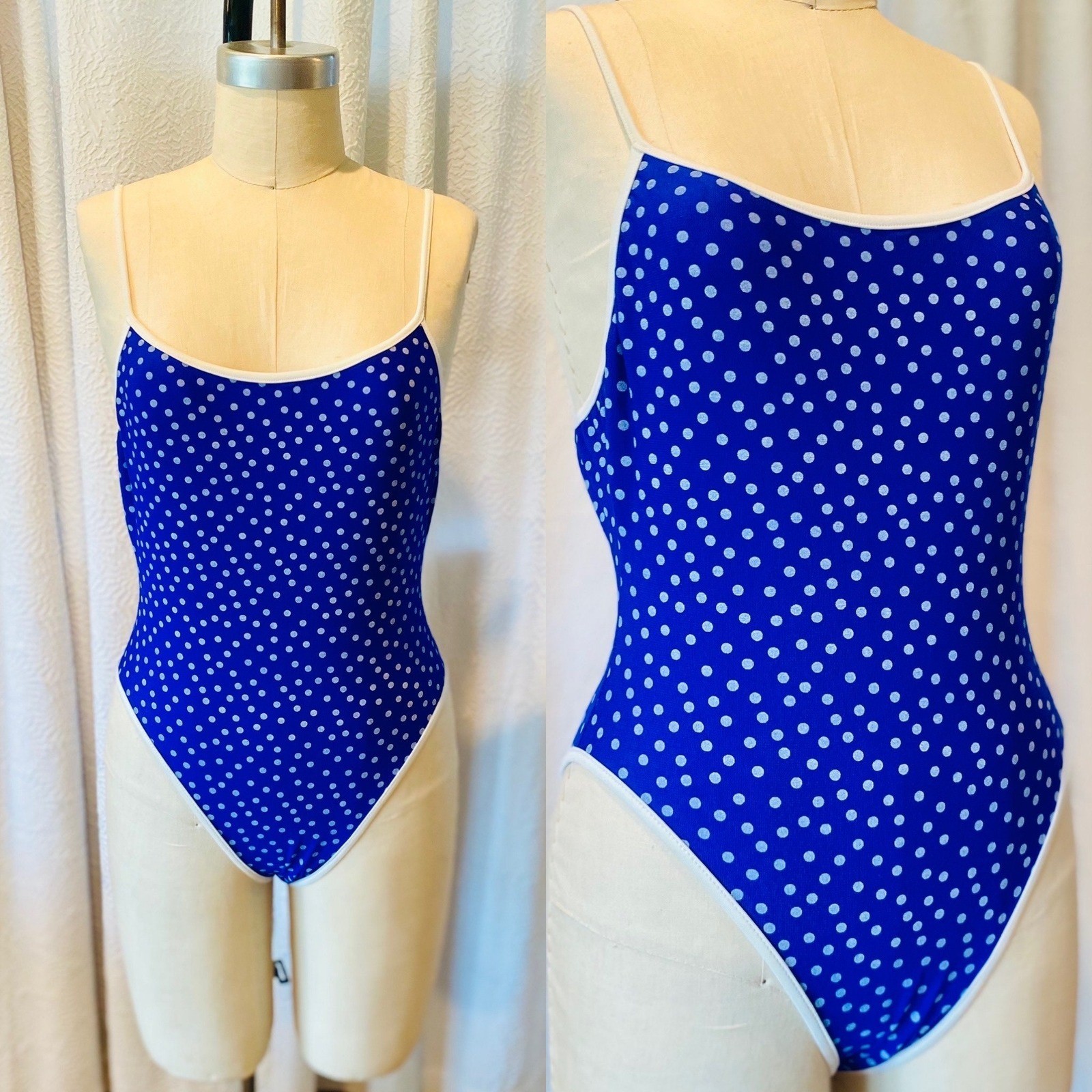 Vintage Polka Dot One Piece Swimsuit, Royal Blue, Size 7/8