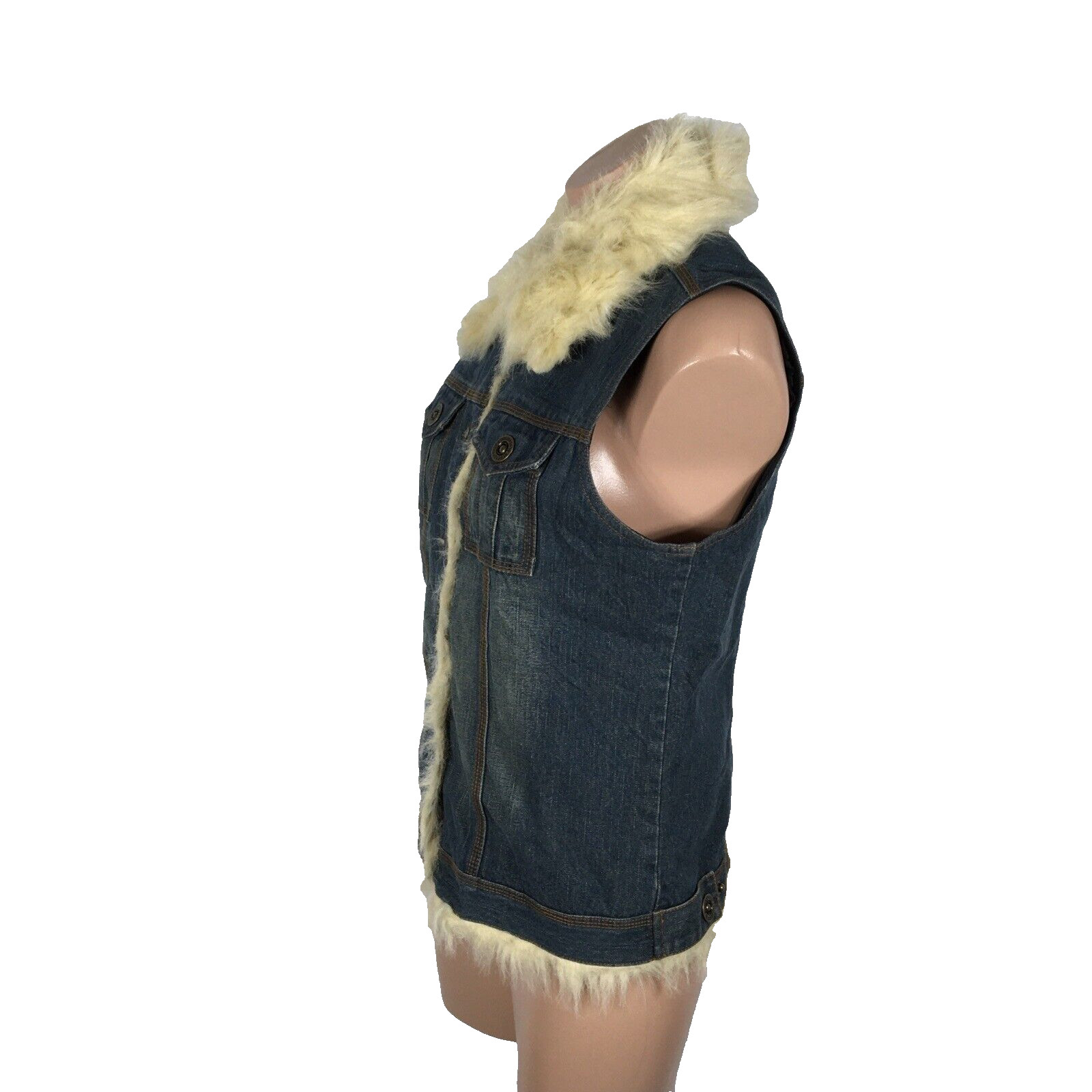 Blue Asphalt Dark Denim Vest Faux fur trim nylon interior VTG 90s y2k Grunge M