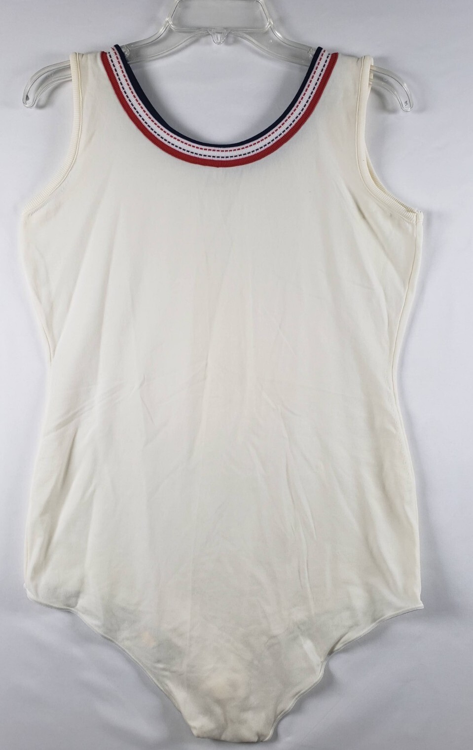 Vintage 60s 70s Bodysuit Tank Size Small Snap Bottom White w Red Blue Trim Nylon