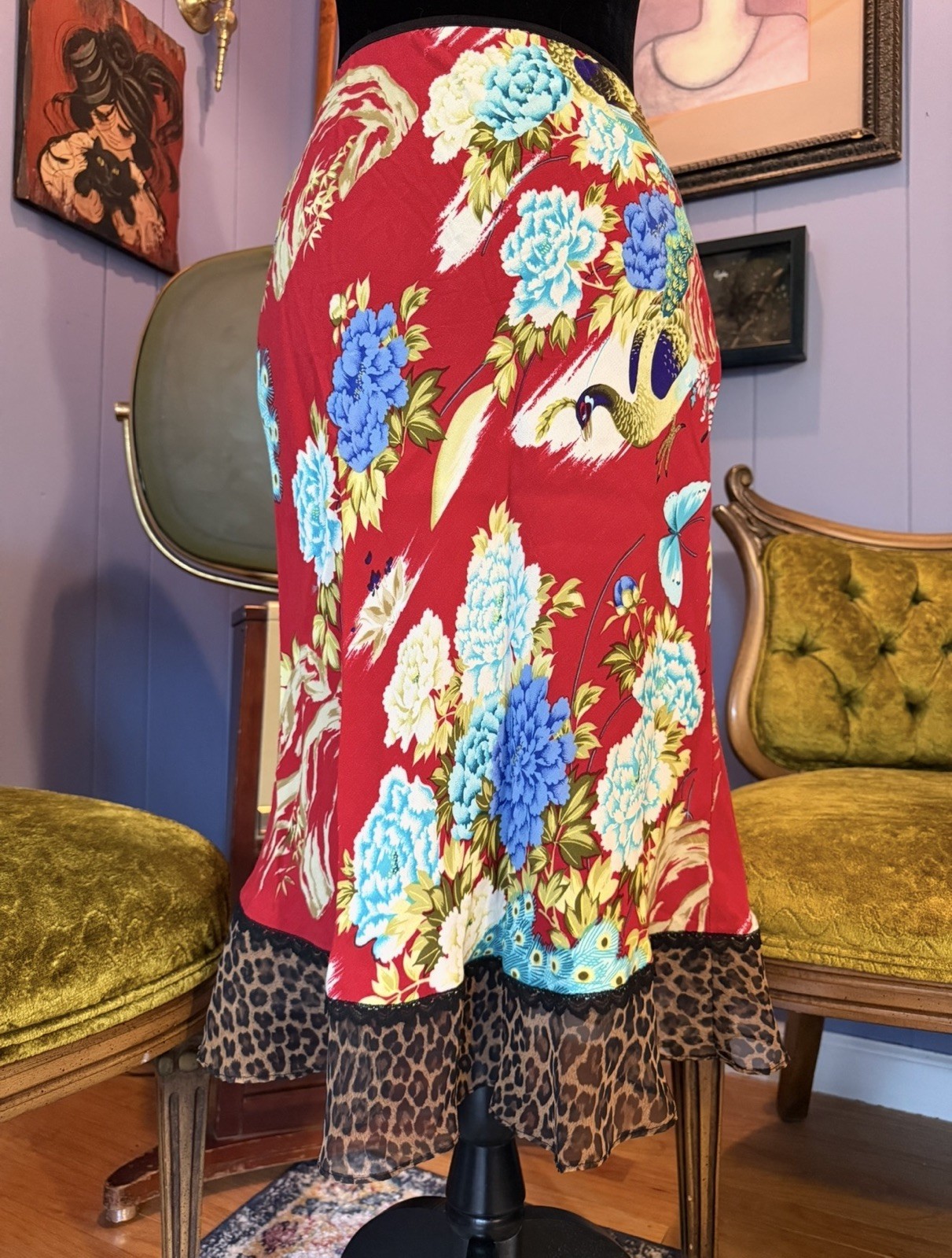 Vtg Y2K Anthropologie Floral And Leopard Print Midi Maximalist Eclectic Skirt