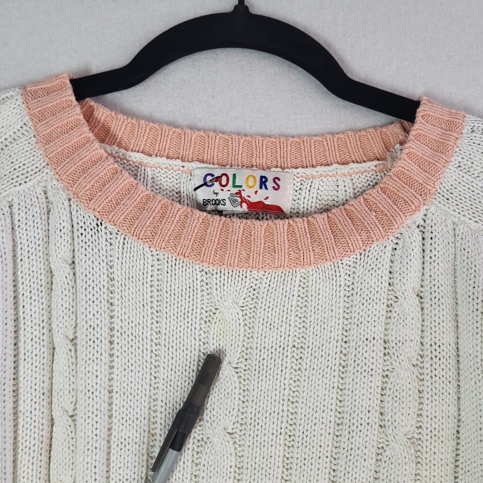 Vintage 90s Cable Knit Varsity Tennis Sweater Pink Cream Womens M Distressed
