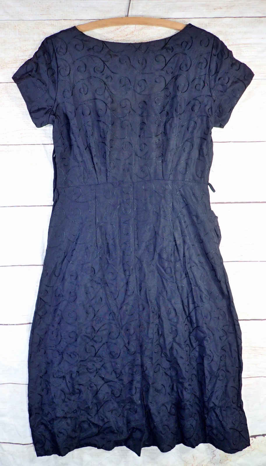Vtg 50s PAT PERKINS Black Sheath Dress Pockets Embroidered Faille Wiggle M LBD