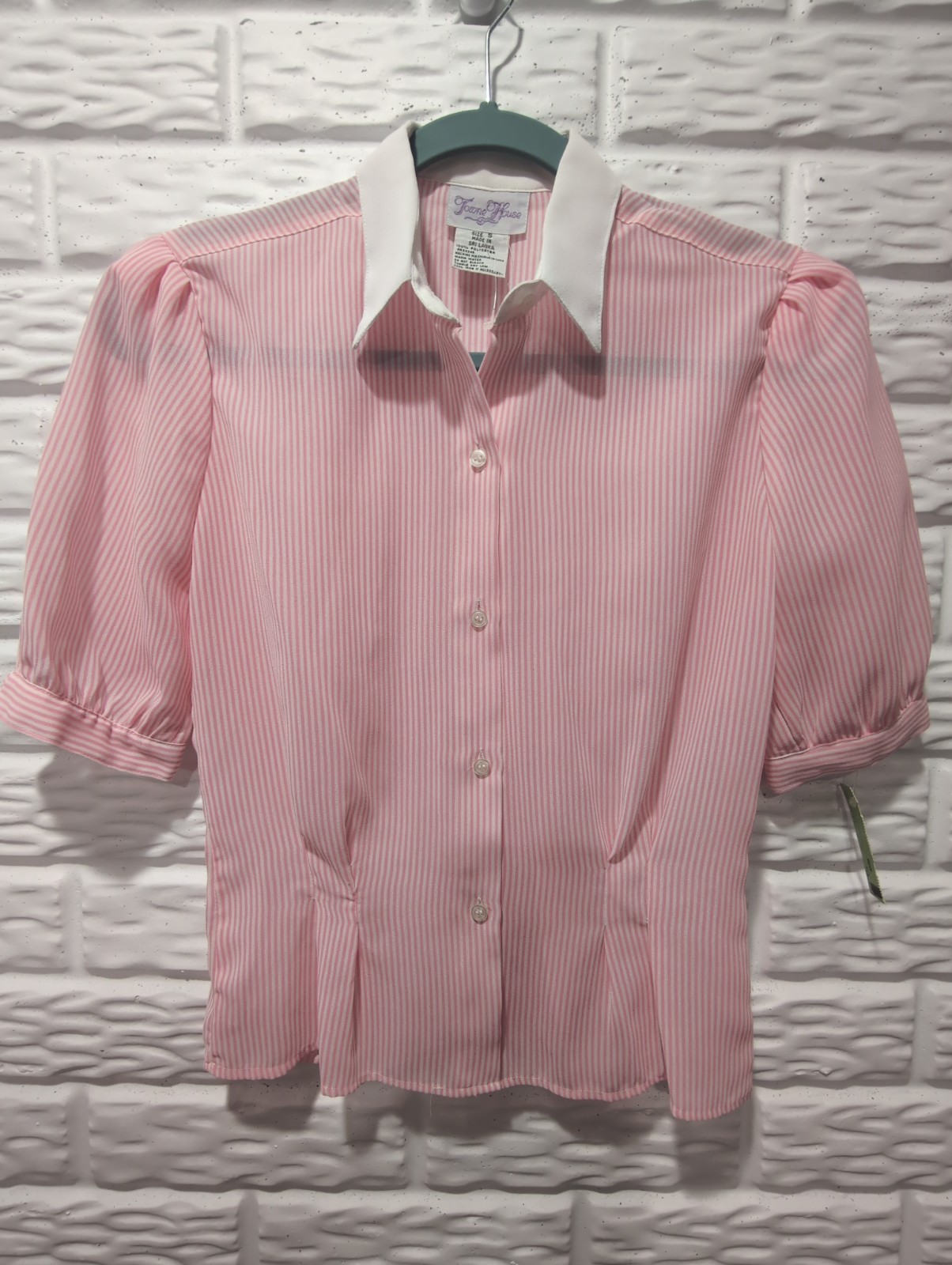 VTG 80s S Towne House Sheer Pink White Striped Blouse Puff Sleeve Collar Pleated