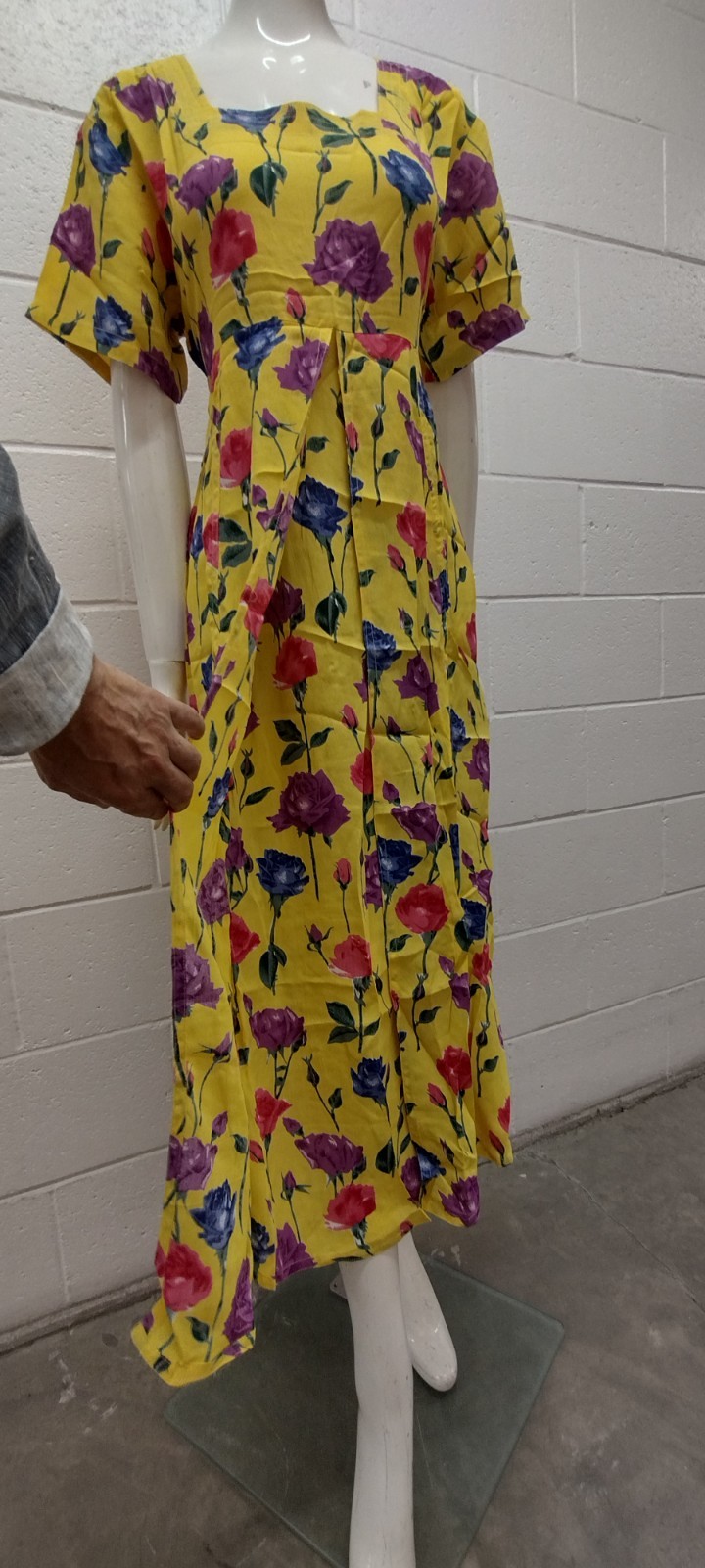 1990s Roses Long Dress Yellow Multicolor Print Purple Rose Country Chic Med New