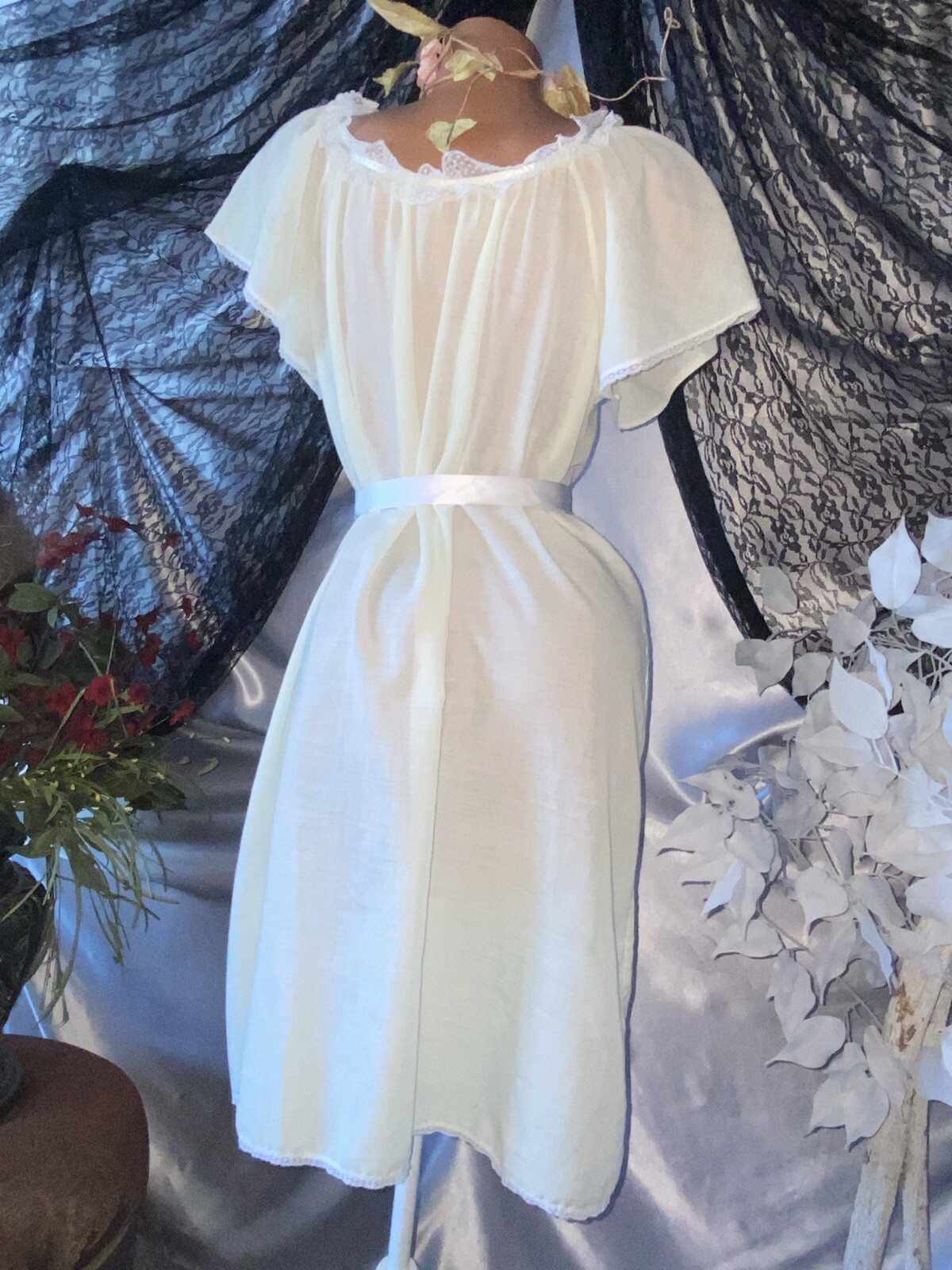 VTG GAUZE PINTUCK Charlieann FLUTTER SLV LACY NIGHTGOWN DAY SUN DRESS GOWN