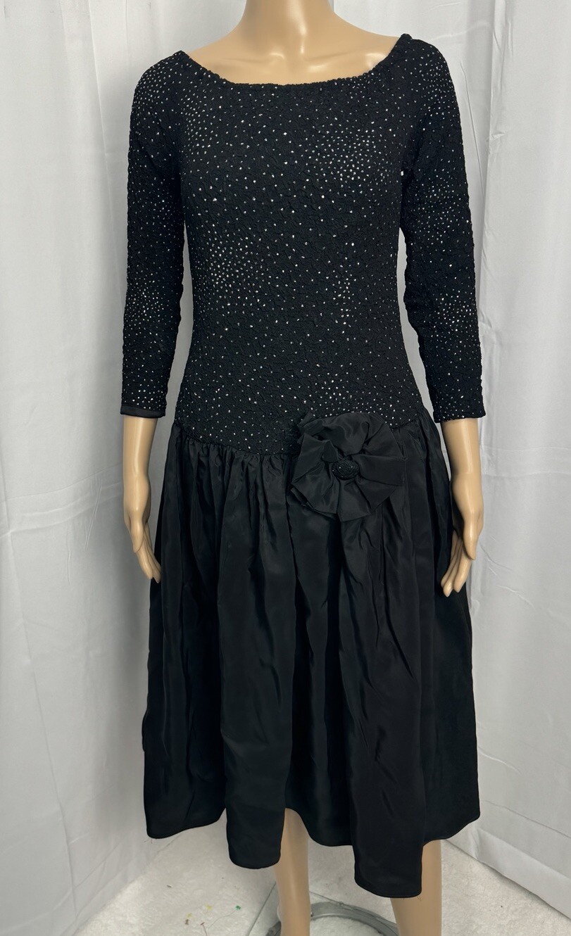 VTG 80s Ted Lapidus Paris Off Shoulder Beaded Dress Gown Sz 8 Black Formal
