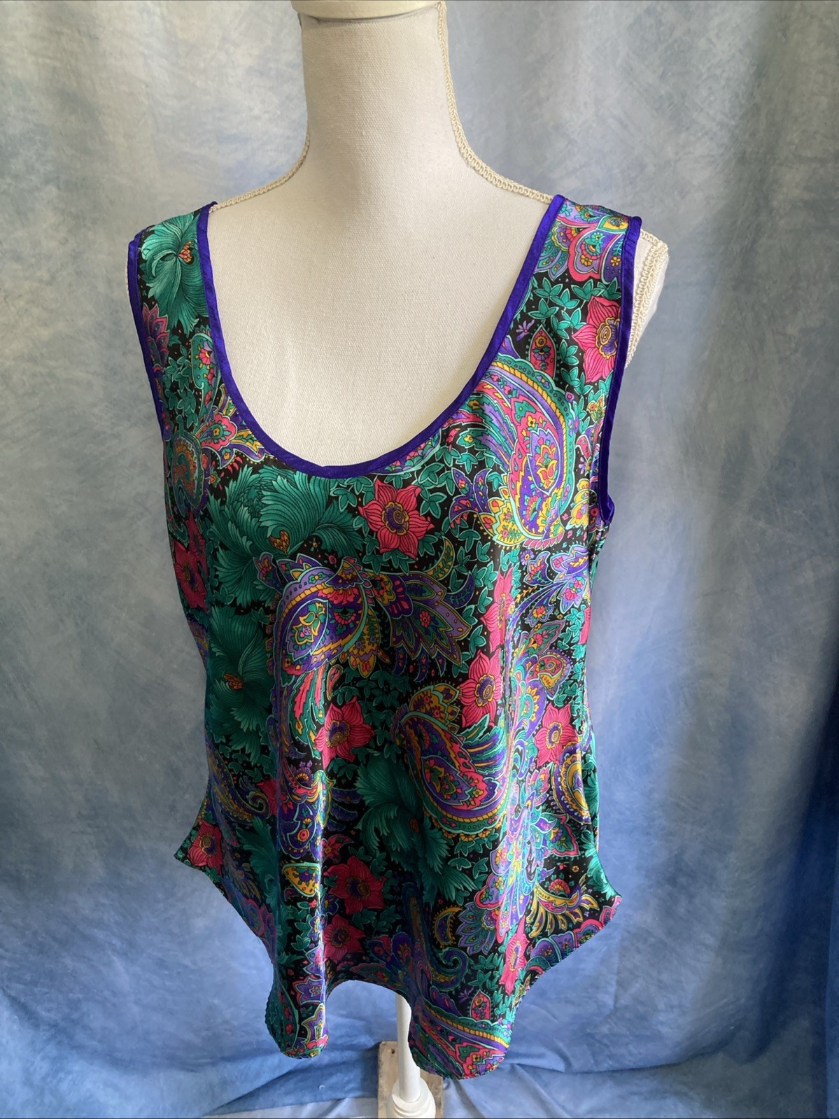 Vtg 80s California Dynasty Satin Cami Tank Top Plus 1X Jewel Tone Paisley Floral