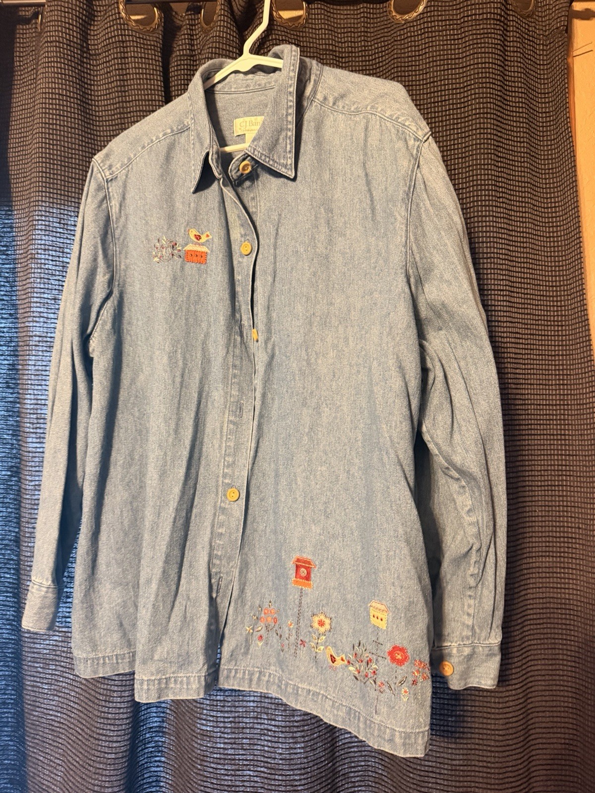 C J Banks Women’s 2X Denim Button-Down Shirt with Floral Design