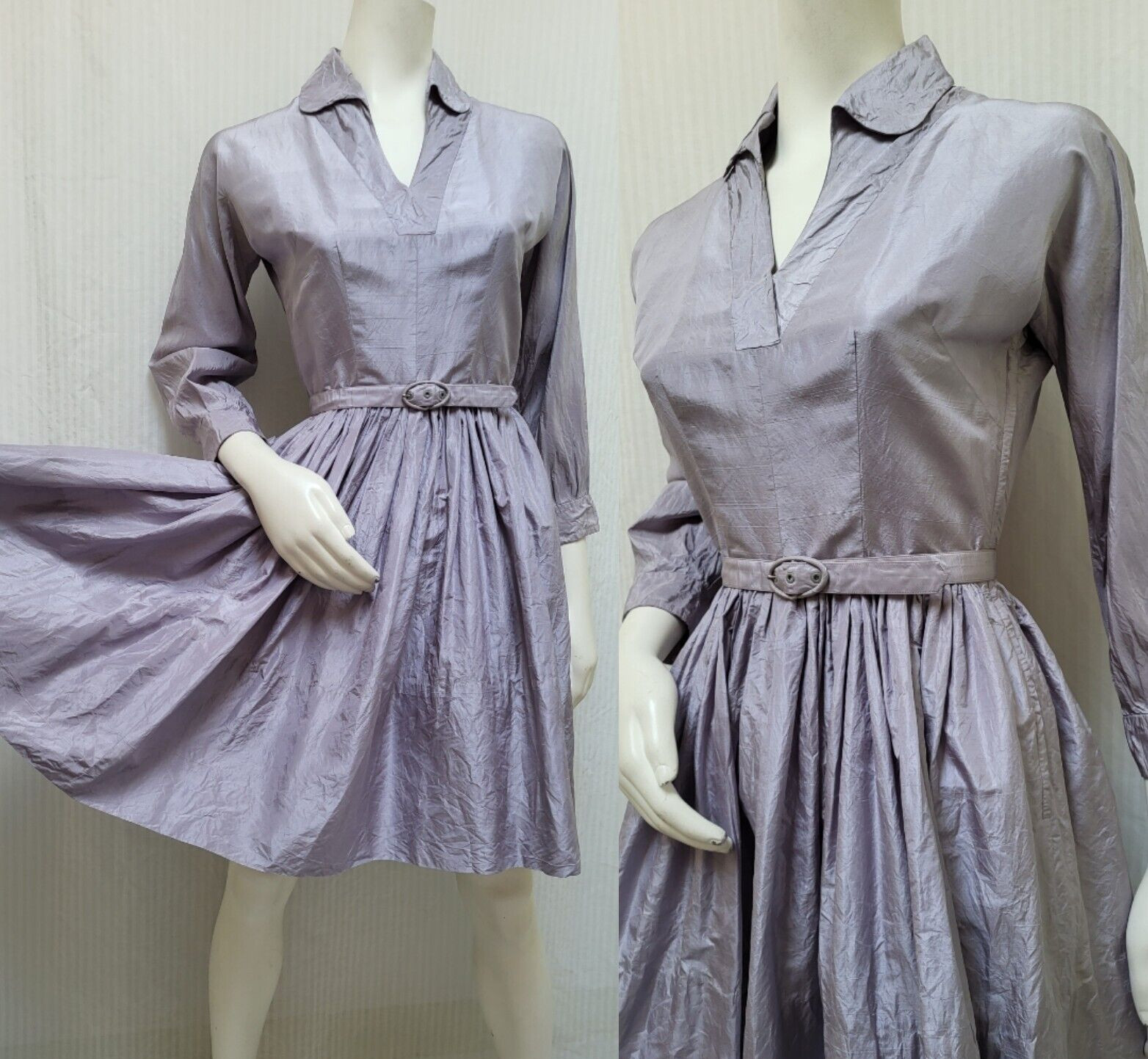 Vintage 1940/50s Pale Purple Silk Dupioni Dress with Belt – Size S