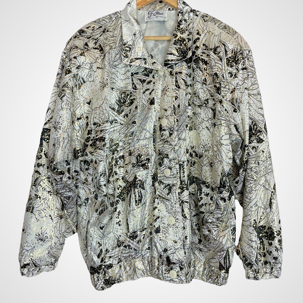 Vintage 80s Jacket Metallic Floral White Gold Black Windbreaker Sparkly Eclectic