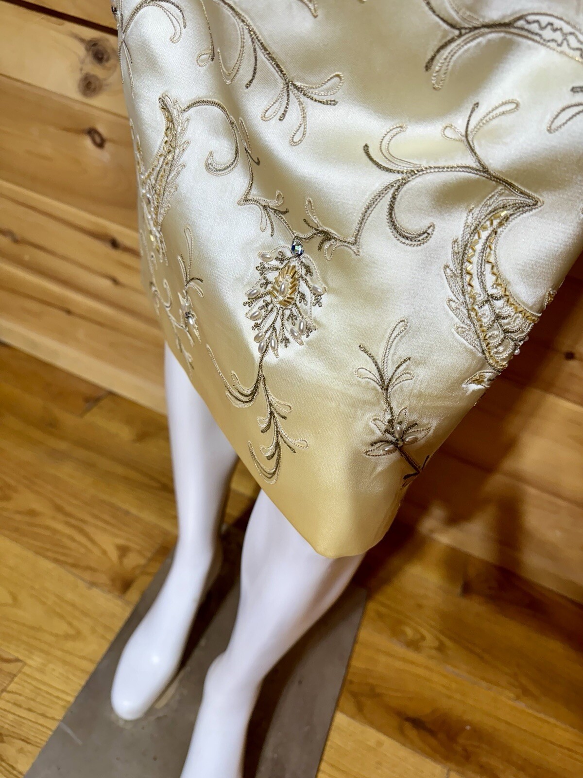 1950’s, 1960’s BEADED EVENING Dress Vintage, Champagne Satin, Gold Beading.!