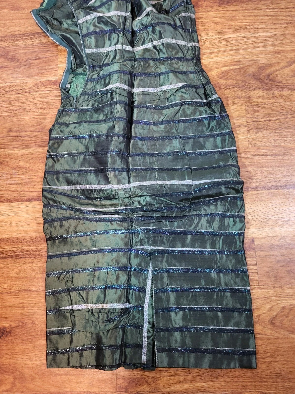 50s 60s Green Wiggle Cocktail Party Dress Med Taffeta Satin Midi VTG Lace Flaw