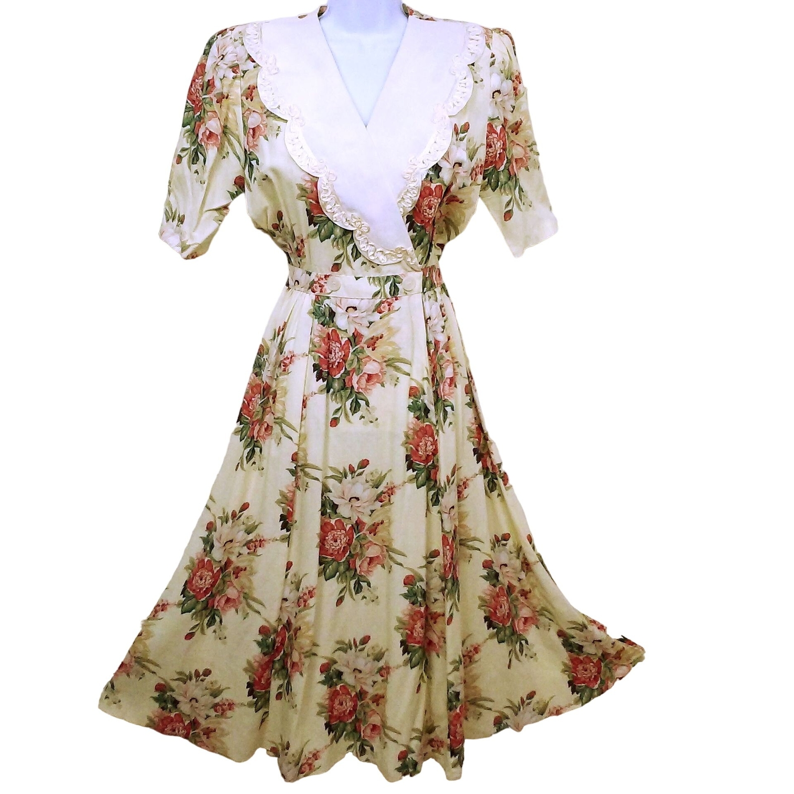 Vintage 80s Expo USA Floral Prairie Dress Lace Collar M(10) Puffed Shoulder Pads
