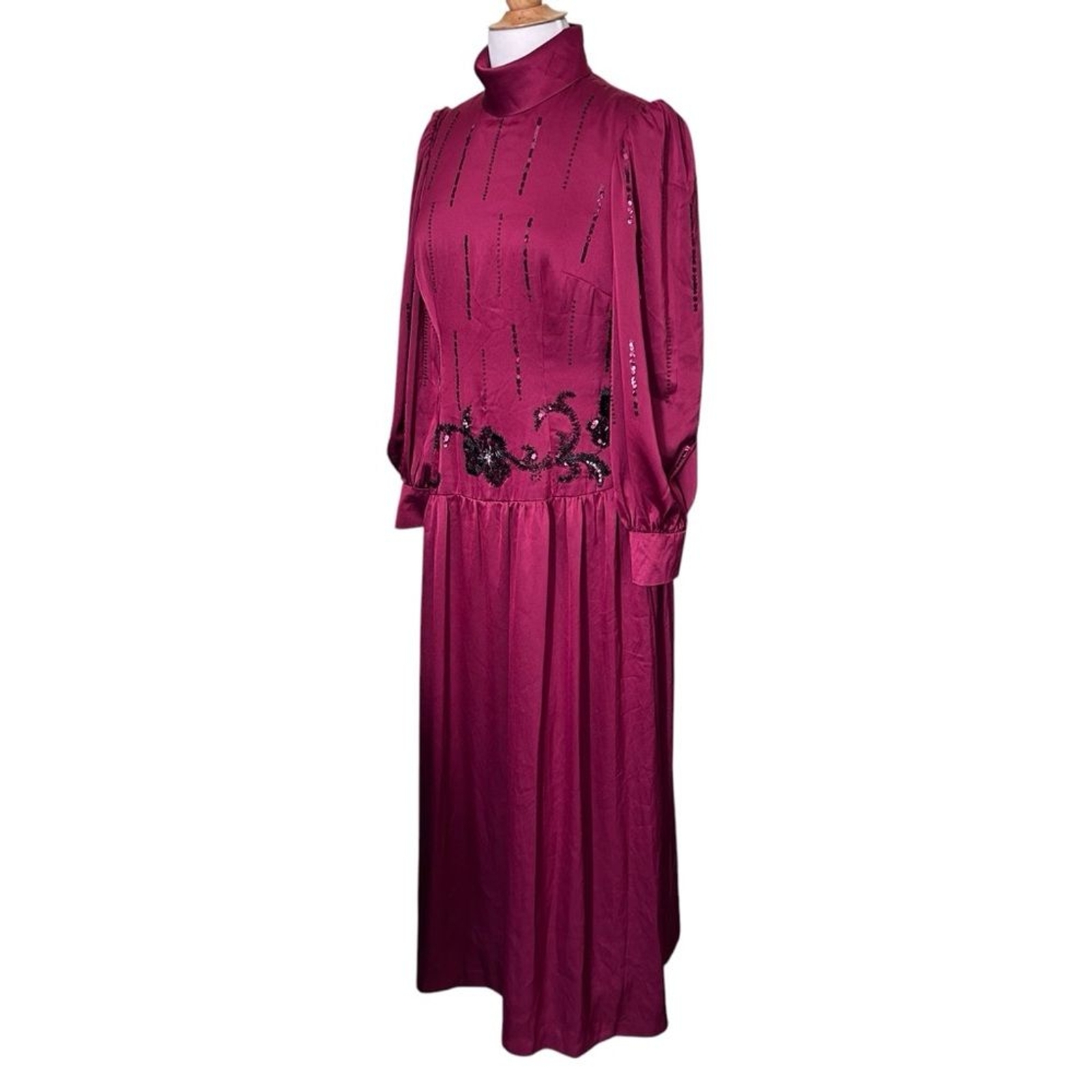 RARE! Vintage SONIA Haute Couture High Neck Long Sleeve Burgundy Evening Dress L
