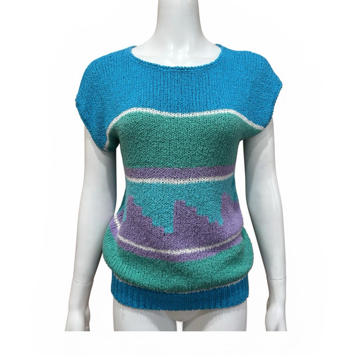 Vintage Short Sleeve Sweater Top Blue Multicolor Hippie 60s Women’s Large