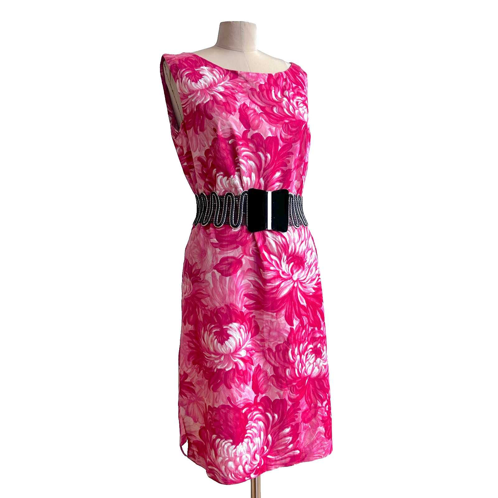 Vintage 1960s Peony Print Pink Hawaiian Vibe Floral Shift Summer Dress sz M L