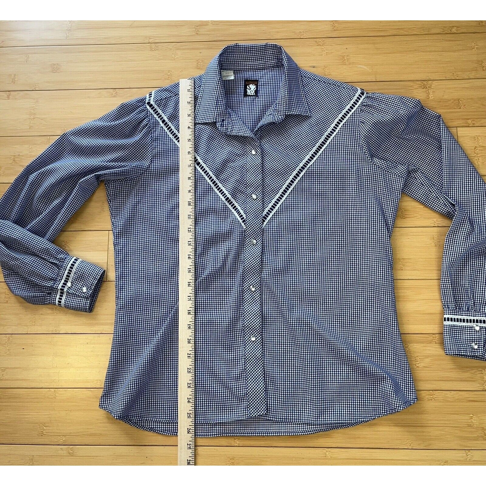 Karman Pearl Snap Buttons Ribbons Long Sleeve Blue Western Rodeo Cowgirl Sz Lrg