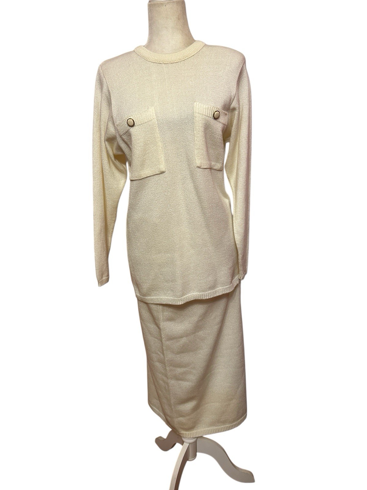 Vintage SCHRADER KNIT Skirt /Blouse Set Size 8 Womens Ivory Color 70s/80s Office